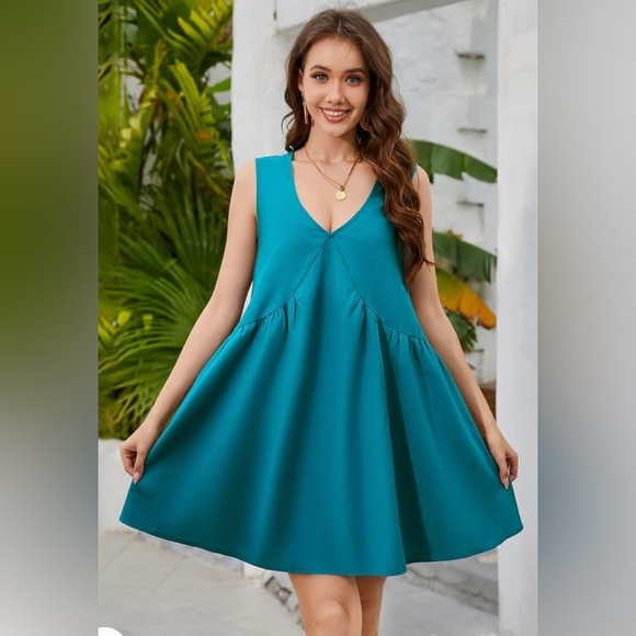 Mini Casual Dress Sleeveless V Neck Solid Color Loose Babydoll with Pockets - Picture 2 of 7